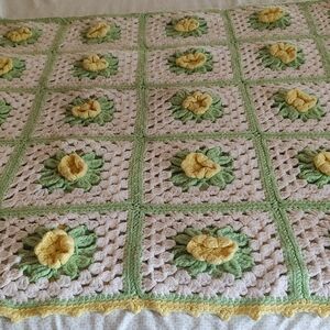 Handmade Crochet Floral Blanket - Green and Yellow 59"x84". Upcycle If You Like